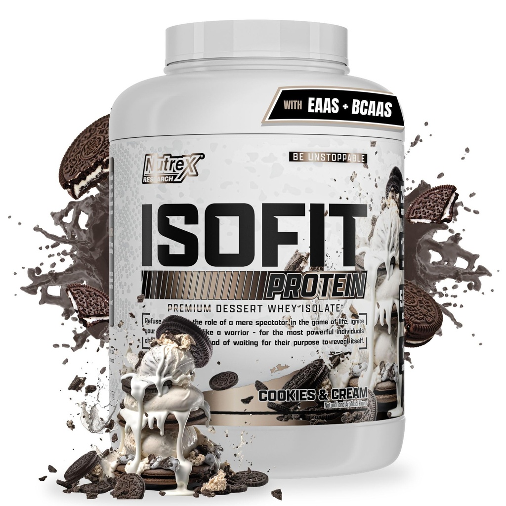 Nutrex Research IsoFit sūkalu olbaltumvielu pulveris Instantized 100% sūkalu olbaltumvielu izolāts (70 Servē, Cookies & Cream)
