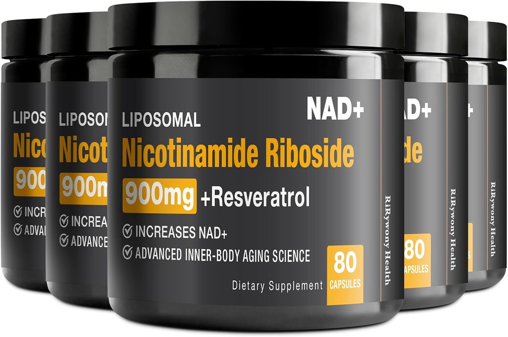NAD papildinājums - NAD+ ar nikotīnamīdu Riboside (NR) un Resveratrol Quercetin 900mg Pure Organic NAD Plus šūnu remontam Veselīgas novecošanas smadzeņu funkcija, 80 kapsulas (iepakojums no 5)