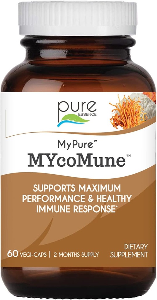 PURE ESSENCE LABS MYcoMune Imūnatbalsta papildinājums - Koncentrēts Organisko sēņu pulvera ekstrakts - Reishi, Lion's Mane, Cordyceps, Chaga, Shiitake, Maitake - 60 Caps