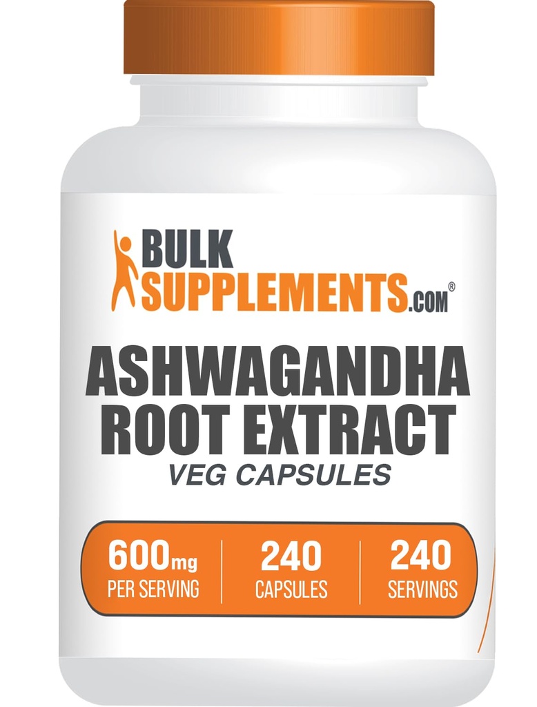 BulkSupplements.com Ashwagandha Root Extract Capsules - Ashwagandha 600mg, Ashwagandha Papildinājums, Ashwagandha Root Capsules, Vegan & Gluten Free, 1 Capsules per Servē, 240 Veg Capsules