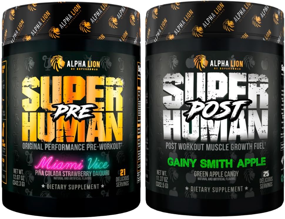 ALPHA LION Superhuman Pre Workout Pulveris un post Workout Recovery Bandle (Miami Vice & Gainy Smith Apple)