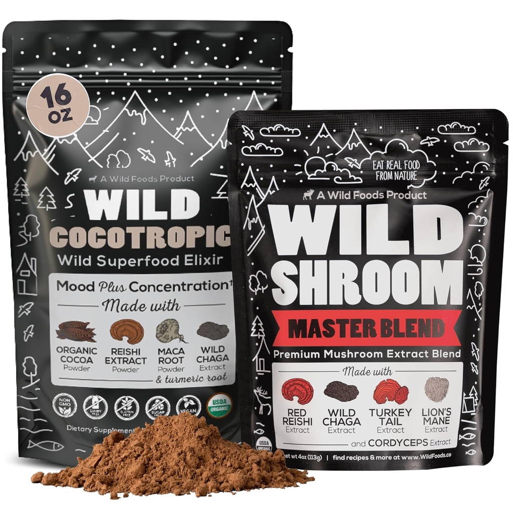 Kokotropiskas organiskās sēnes Cacao Mix (16oz) & Master Mushroom Blend (4oz) Bandle for Energy and Mental Clarity