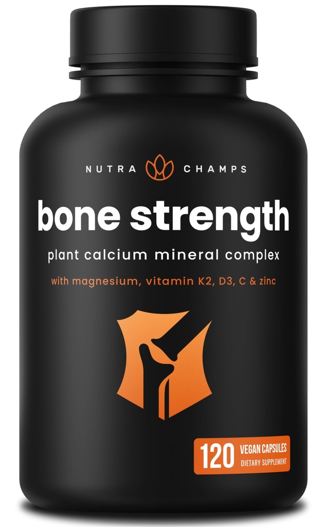 Kalcija papildterapija kaulu spēkam - Augu kalcija citrāts + D3 vitamīns, K2, magnijs, cinks, kālijs, borons un stroncijs - Premium Extra Strength Kaulu veselības un blīvuma komplekss - 120 Vegan kapsulas