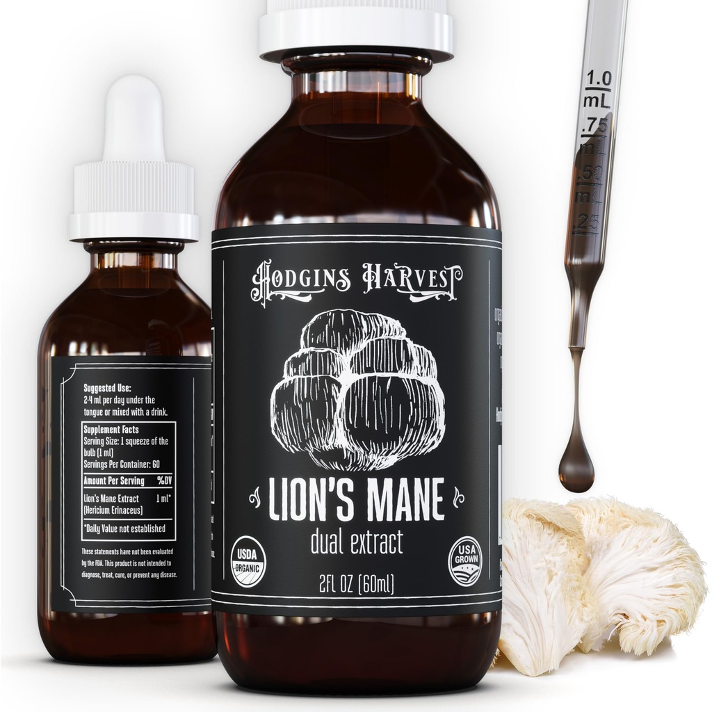 Hodgins Ražas Organic Lion's Mane Fruiting Body Extract Tincture - Sēņu papildinājums smadzeņu veselībai un garīgo fokusu - Dual Extract Formula - Extra Koncentrēts - 2 fl oz Pudele