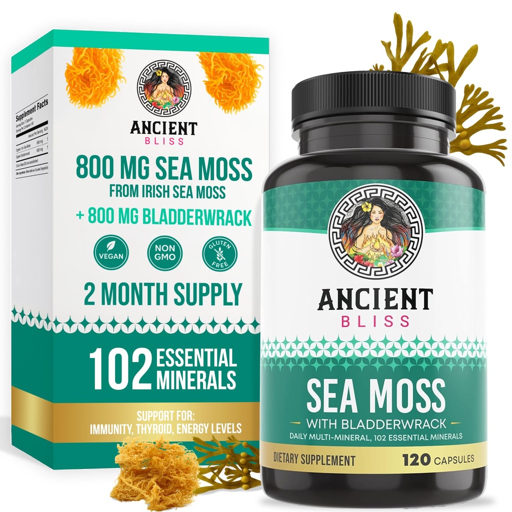 Senās Bliss Organic Irish Sea Moss Pills - Dr. Sebi Wildcrafted Seamoss Kapsulas - Vairogdziedzeris, vesela āda un stilbs Atbalsts - 120 kapsulas