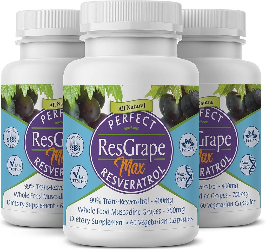 Perfect ResGrape Maks., 60 dārzeņu kapsulas pudelē(iepakojums 3) ~ 99% Trans-Resveratrol & Muscadine Vīnogu ~ Anti-Aging Papildinājums un spēcīgs antioksidants