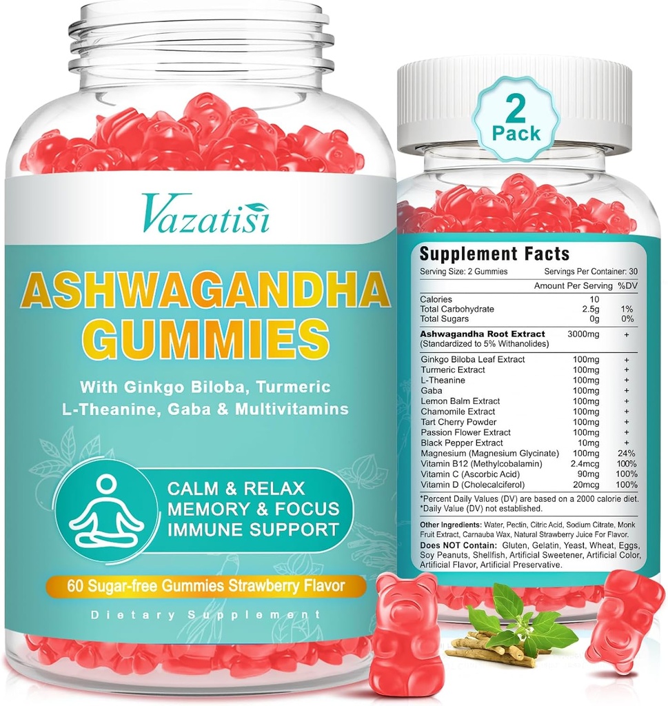 2 Iepakojums Ashwagandha Gummies with Turmeric GABA Mood Energy and Imūnsupport, Strawberry Flavor 120 Cts