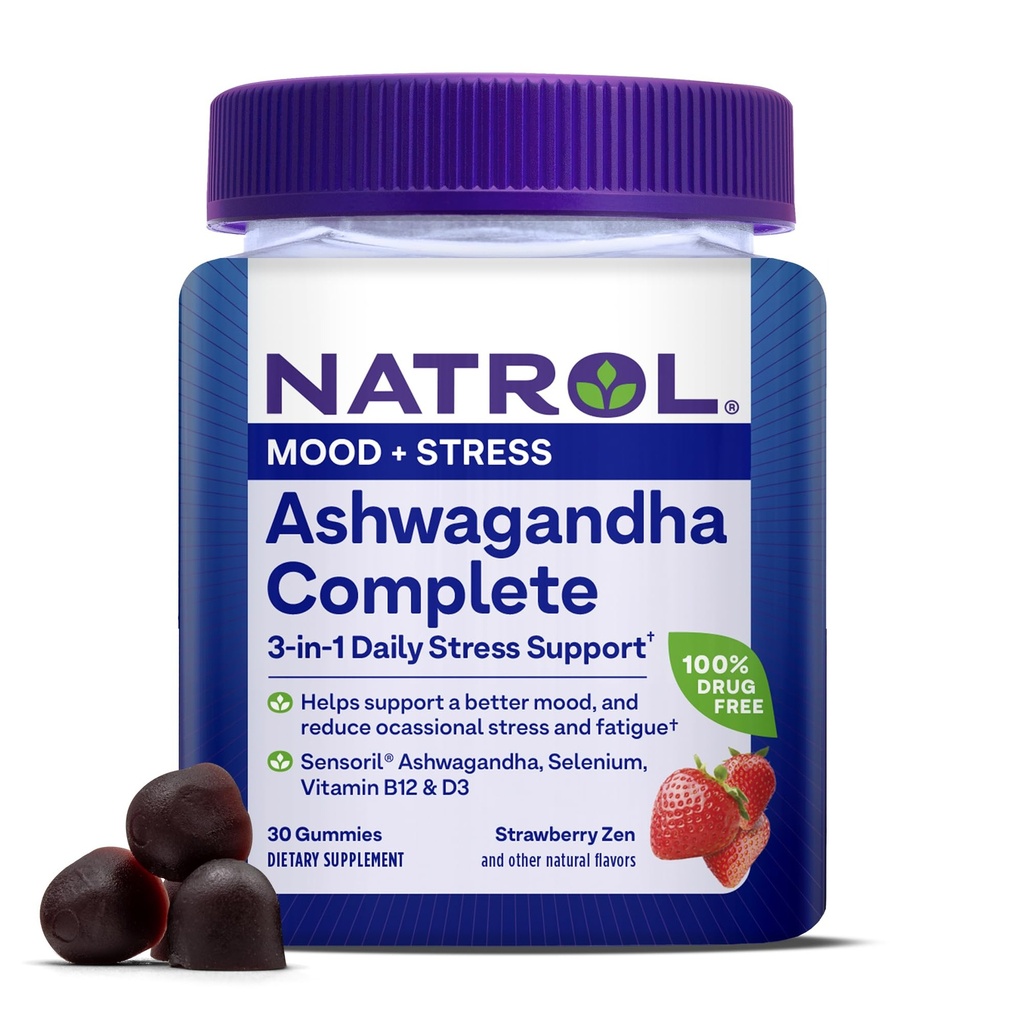 Natrol Ashwagandha Complete Gummy, 3-in-1 Dienas stresa atbalsts, atbalsta labāku garastāvokli, samazina neregulāru stresu un nogurumu, 30 Gummies, līdz 15 dienu piegādes