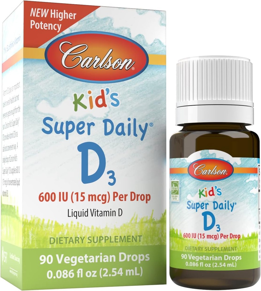 Carlson Kid Super Daily D3, 600 SV (15 μg) vienā pilienā – šķidri D vitamīna pilieni bērniem, 90 pilieni (2,54 ml), veģetārietis, nearomatizēts