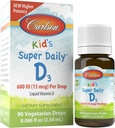 Carlson Kid Super Daily D3, 600 SV (15 μg) vienā pilienā – šķidri D vitamīna pilieni bērniem, 90 pilieni (2,54 ml), veģetārietis, nearomatizēts