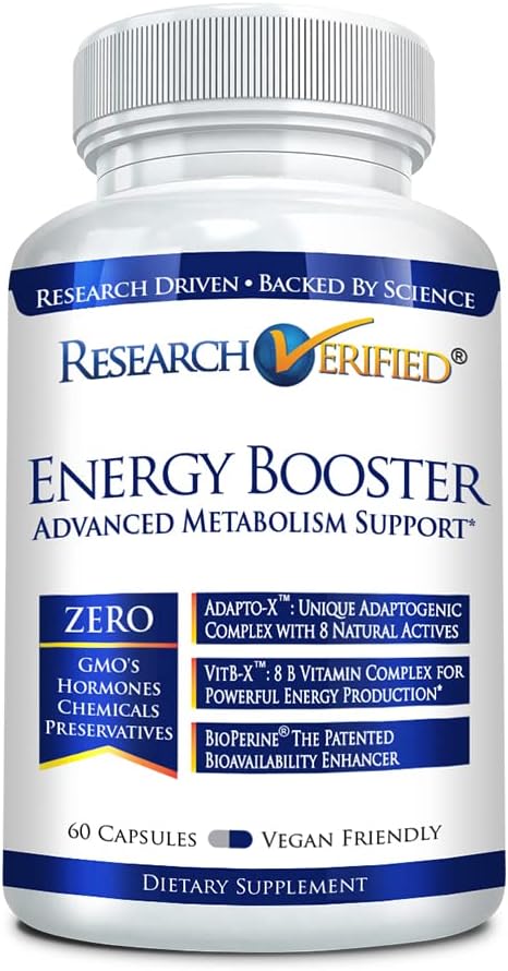 Pētījumi Verified Energy Booster - Dabas enerģijas atbalsts - 60 kapsulas - Kofeīns bez - B Vitamīni un adaptogēni - 1 mēnesis piegādes