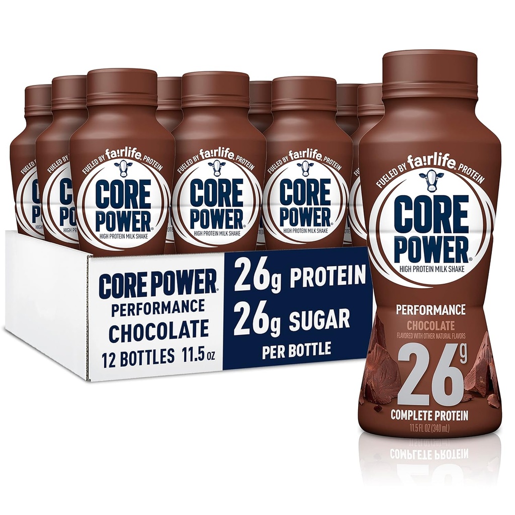 Core Power Fairlife 26g Protein Milk Shakes, Gatavs dzert atveseļošanai, Šokolāde, 11.5 Fl Oz (iepakojums no 12)