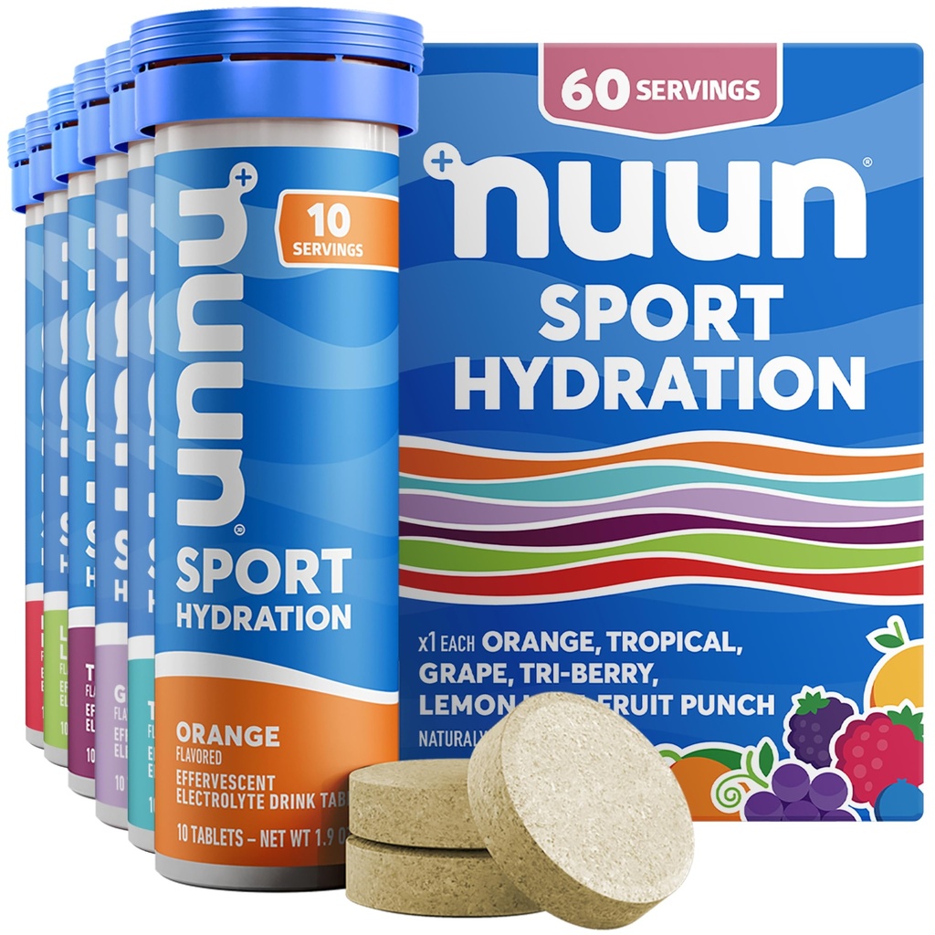 Nuun Sport Elektrolītu tabletes ar magniju, kalciju, kāliju, hlorīdiem un nātriju, bez glutēna un vegānu, jauktiem uzlējumiem, 6 iepakojumi (60 Servisi kopā)