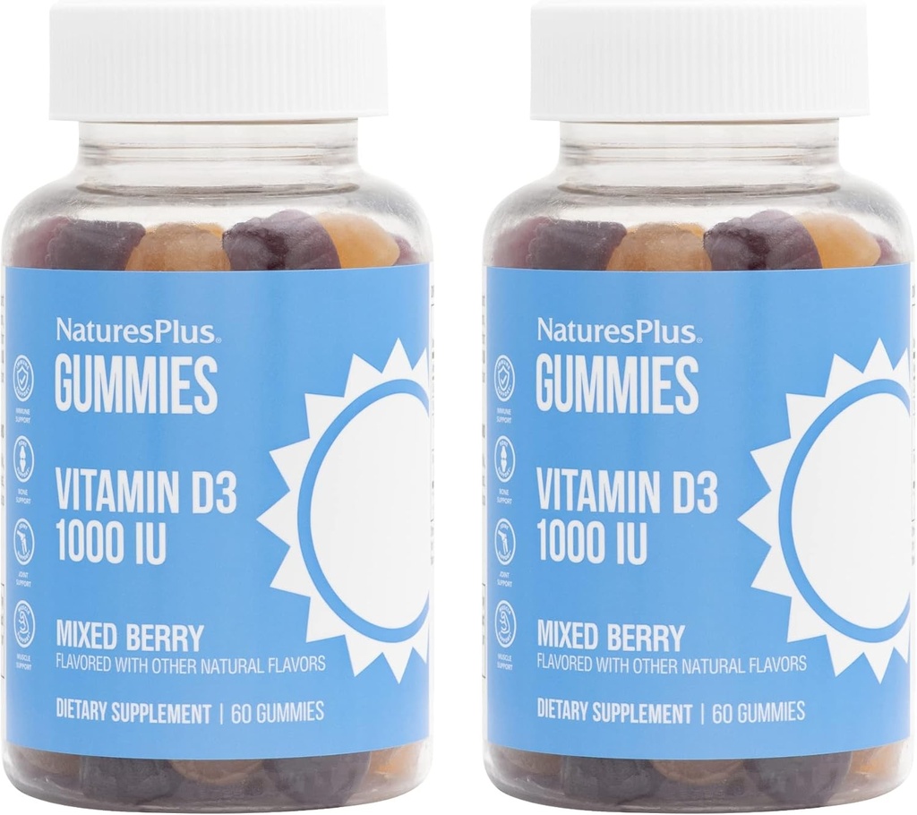 NaturesPlus Gumijas D3 vitamīns 1000 SV, Jauktas ogas - 60 Gumijas, Pack of 2 - Veicina kaulu veselību un imūnās funkcijas - Vegan, bez lipekļa, ne-GMO - 120 Kopējais Kalpo