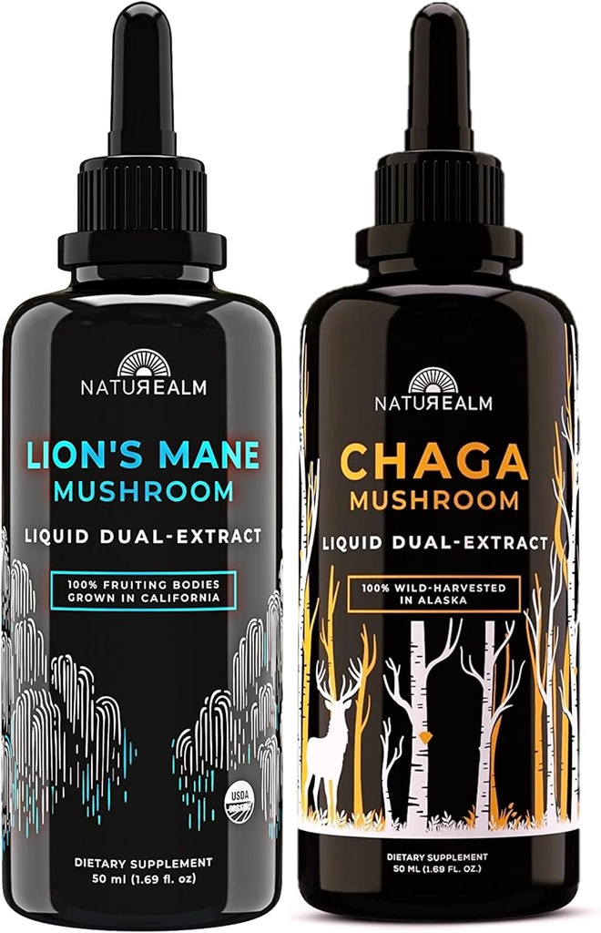 Naturealm Lion's Mane & Chaga sēņu ekstrakts - Adaptogen Stack for Focus, Immunity, Longevity, Stress Relief, Gut Health, Anti-Aging, Energy & More - Organic Liquid Drops - 50 ml katrs (2 iepakojumi)