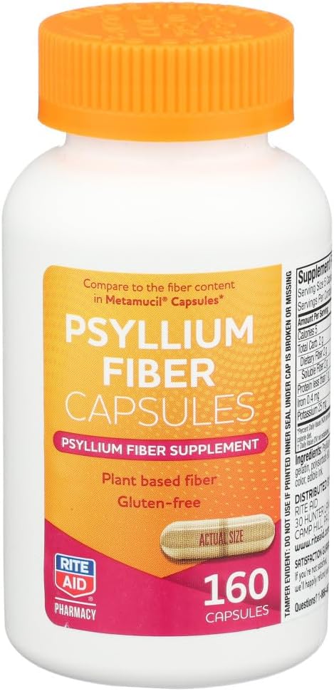 Rite Aid Psyllium Fiber Capsules, 160 Skaits, Psyllium Fiber Papildinājums, 