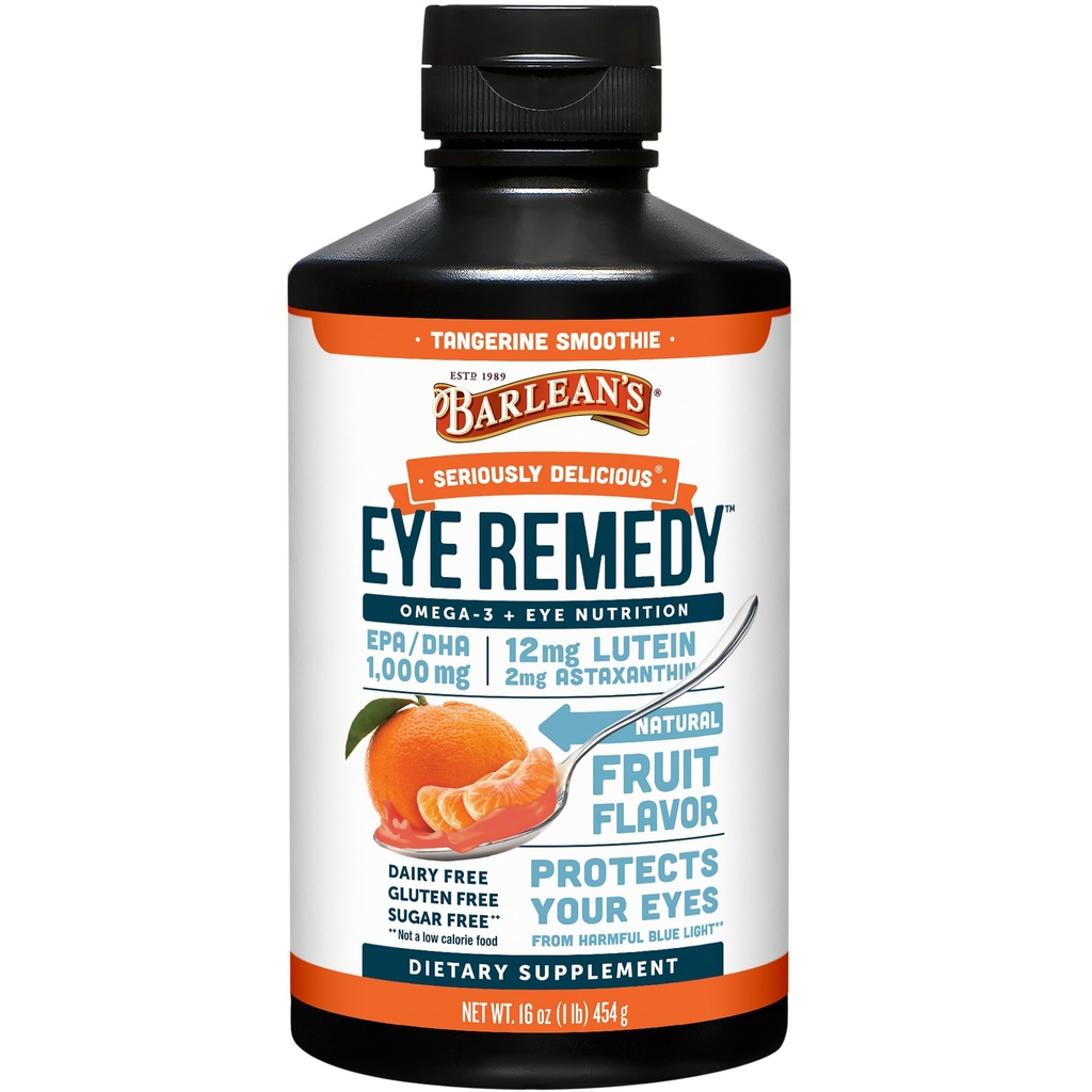 Barlean's Eye Remedidy Papildinājums, tanžerīni uzliesmojoša zivju eļļa Šķidrums ar luteīnu, astaksantīnu un zeaksantīnu, 1000mg Omega 3 EPA DHA, acu kopšanas piedevas, 16 oz