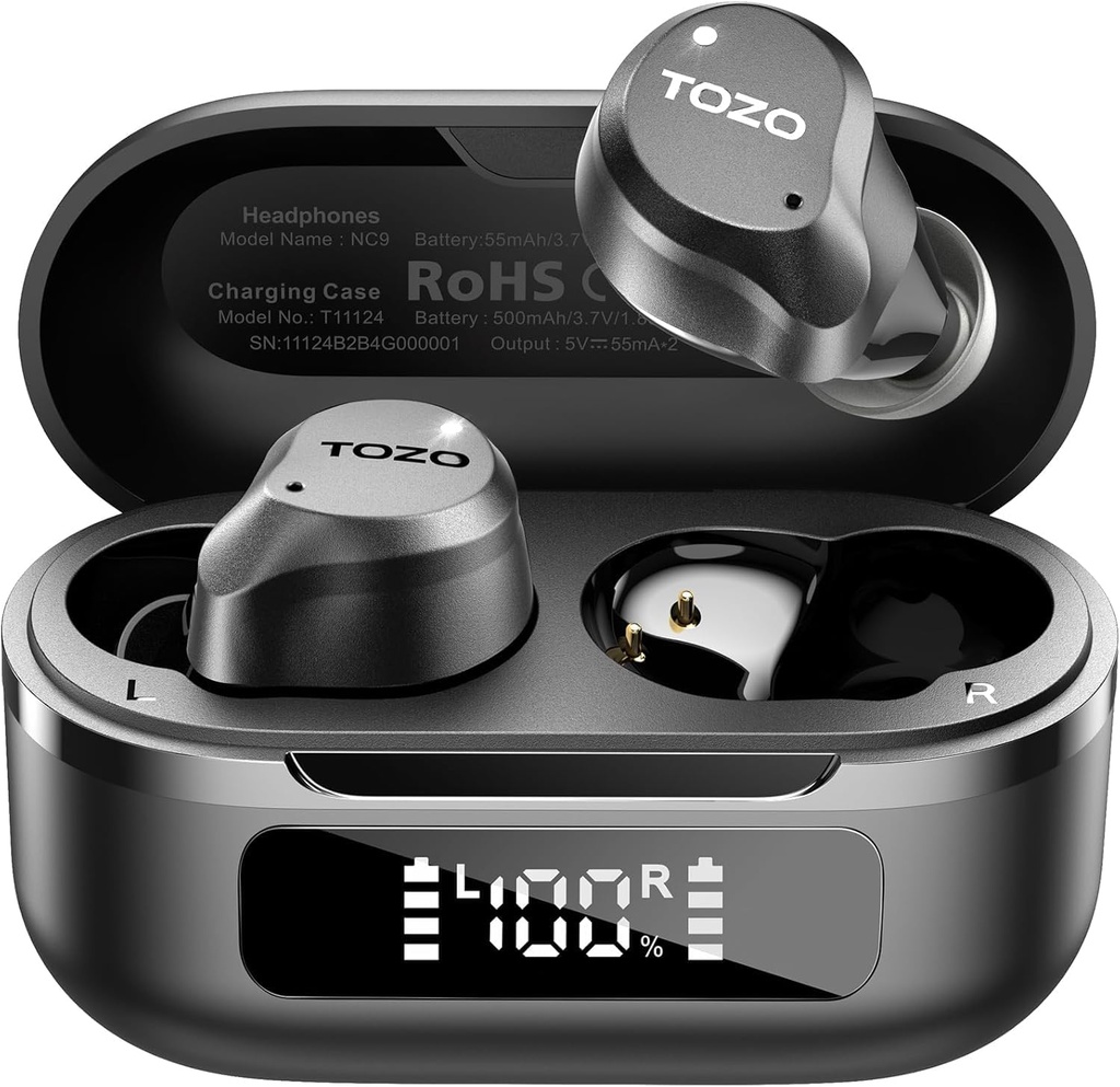 TOZO NC9 Hybrid Active Troksnis Atcelt Bezvadu Earbuds, 6 Mics ENC Clear Call, IPX8 Ūdensdrošs, Ausu Bluetooth 5.3 Austiņas Stereo Bass Ausu Buds 59H Atskaņošanas laiks ar LED displeju 32 EQ, izmantojot APP