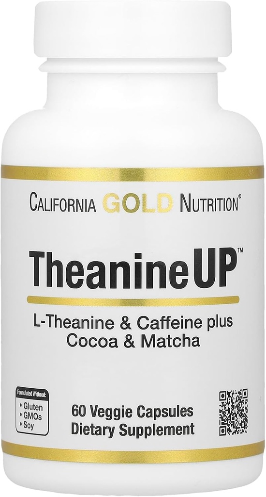 California Gold Nutrition TheanineUPTM, L-Teanine & Cofeine Plus Cocoa un Matcha, 60 Veggie kapsulas