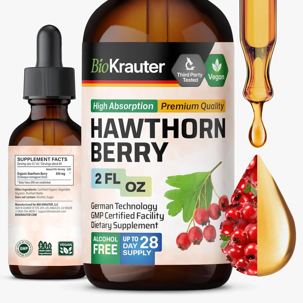 BIO KRAUTER® Hawthorne Berry papildinājums - Pure Vegan Hawthorn Berry Liquid pilieni 655 mg uz vienu apkalpo 2 Fl.Oz 28 dienas piegādes - Izmanto vispārējam atbalstam un ikdienas labsajūtai - bez alkohola un cukura