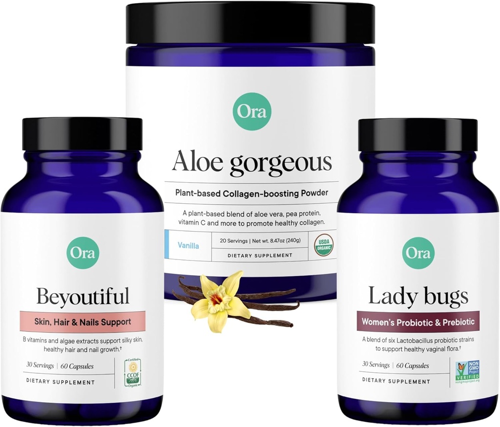 Ora Organic Vegan kolagēns, probiotikas, prebiotikas & beYouTiful Bandle: Aloe Vera - Vanilla Flavor, 20 Servējumi + 60 Vegan Probiotiskās kapsulas + matu, ādas un nagu atbalsts, 60 Vegan kapsulas