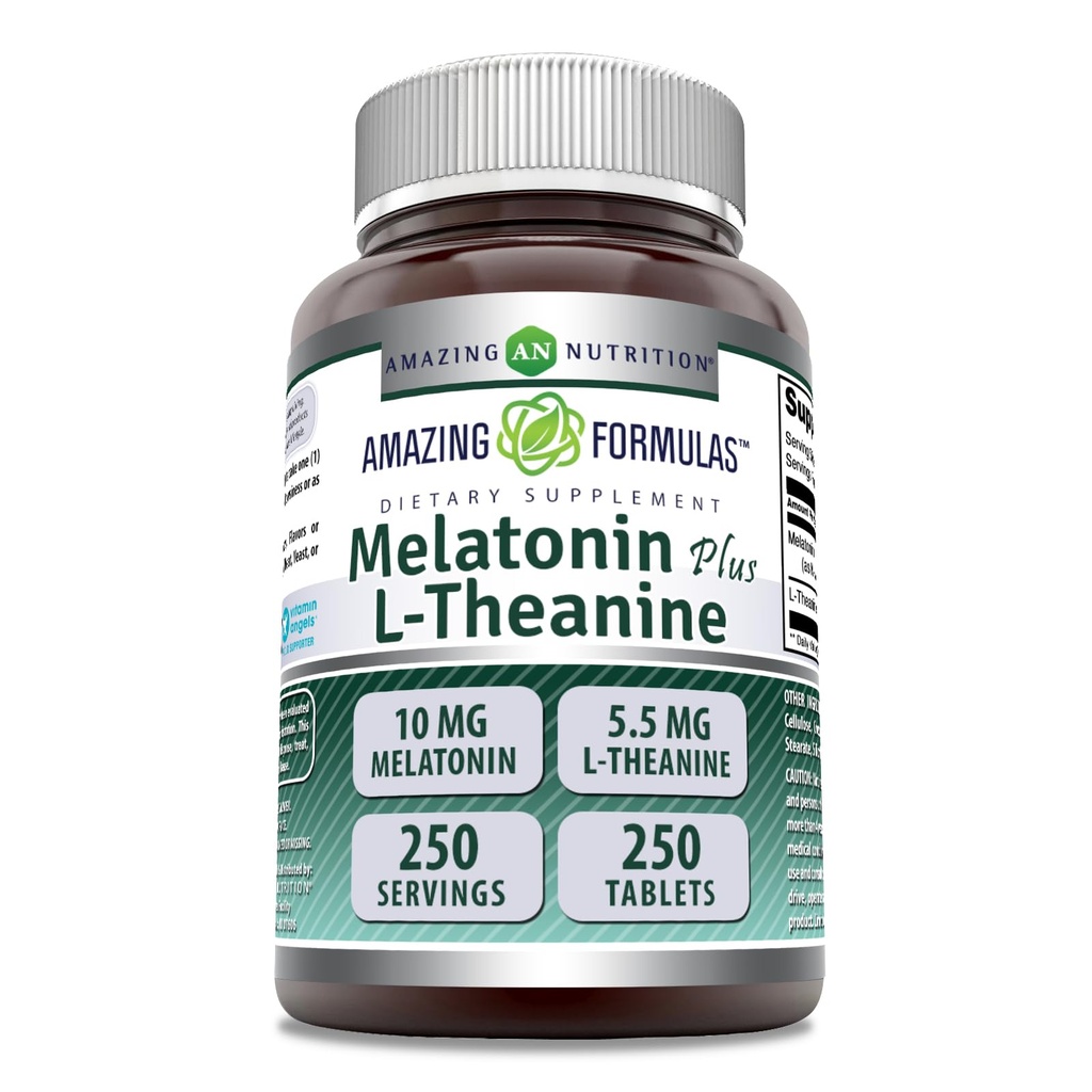Apbrīnojami Formulas Melatonīns Plus L-Teanīns 10 mg tabletes Papildinājums ; Non-GMO 