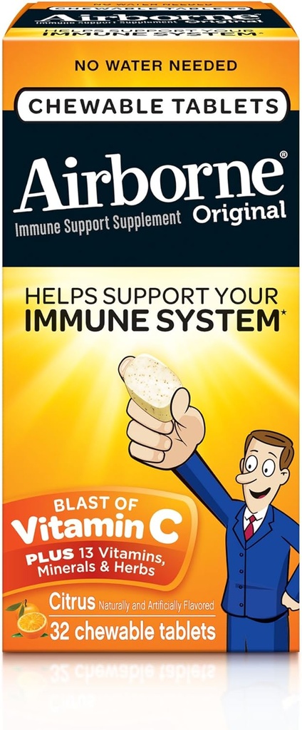Airborne 1000mg C vitamīna košļājamās tabletes ar cinku, imūnās atbalsta papildinājums ar spēcīgiem antioksidantiem Vitamīni A C & E - 32 košļājamās tabletes, Citrus Flavor
