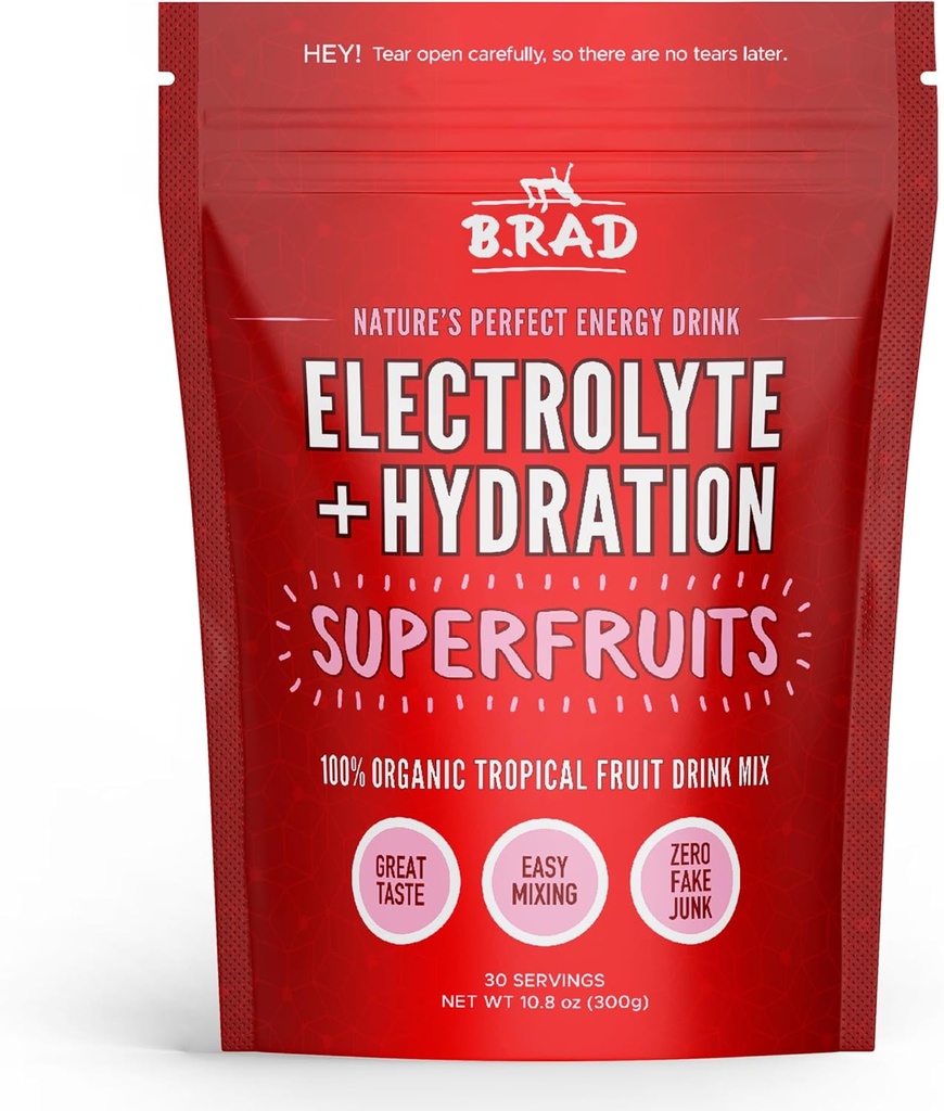 B.rad Superfruits Hidratācija un elektrolīti Dzērieni ; Dabas ideāls enerģijas dzēriens; Sasaldēts augsta antioksidanta tropu augļu pulveris; 10.8 Ziedes, 30 Kalpo