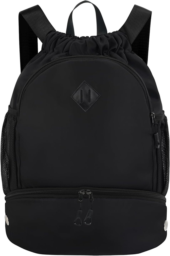 Zīmēšanas mugursoma Gym Mugursoma ar kurpju iecirkni vīriešiem Sieviešu stīgu sporta soma ar Wet Pocket Cinch Swim Beach Bag, Black (apjomu gaida)