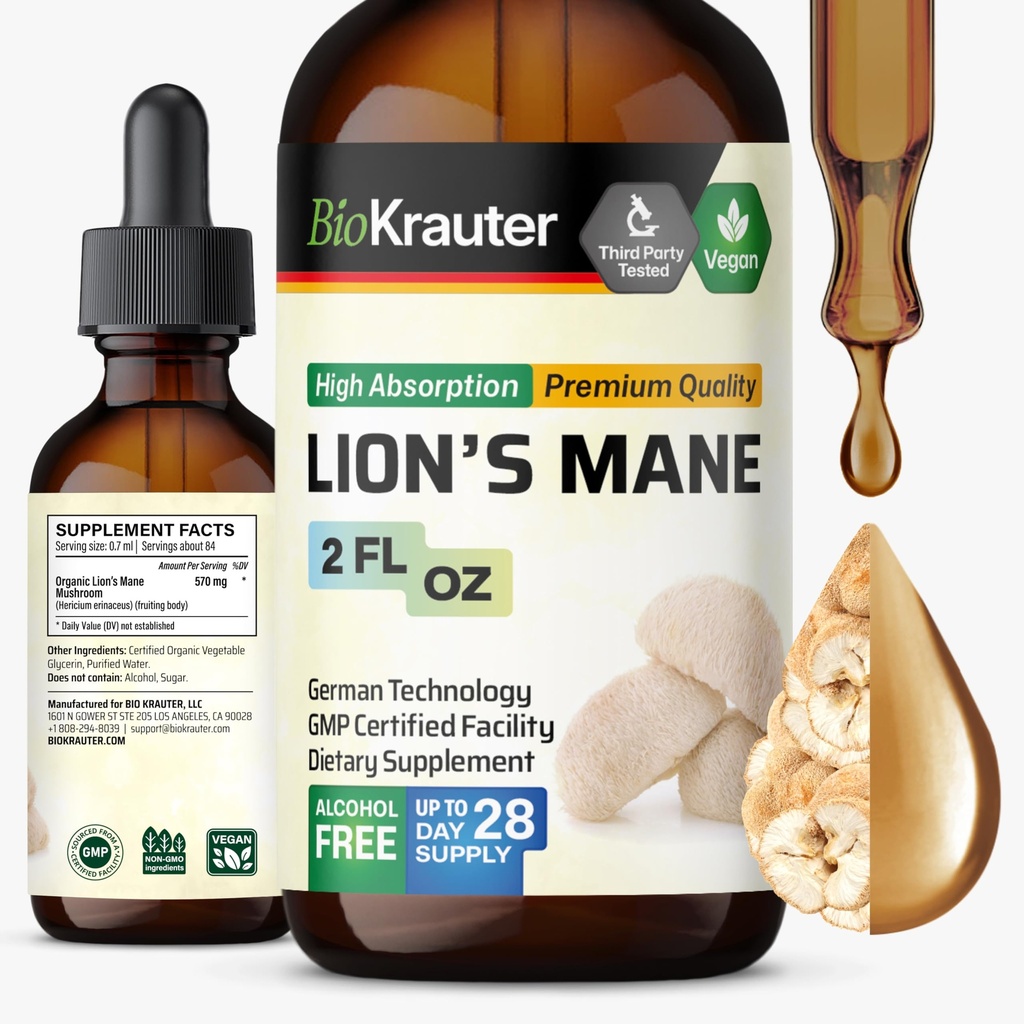 BIO KRAUTER Lions Mane Šķidrais ekstrakts - Sēnes papildinājums smadzeņu atbalstam - Vegan Lions Mane papildinājums - Alkohols un bezcukura pilieni - 2 Fl.Oz.