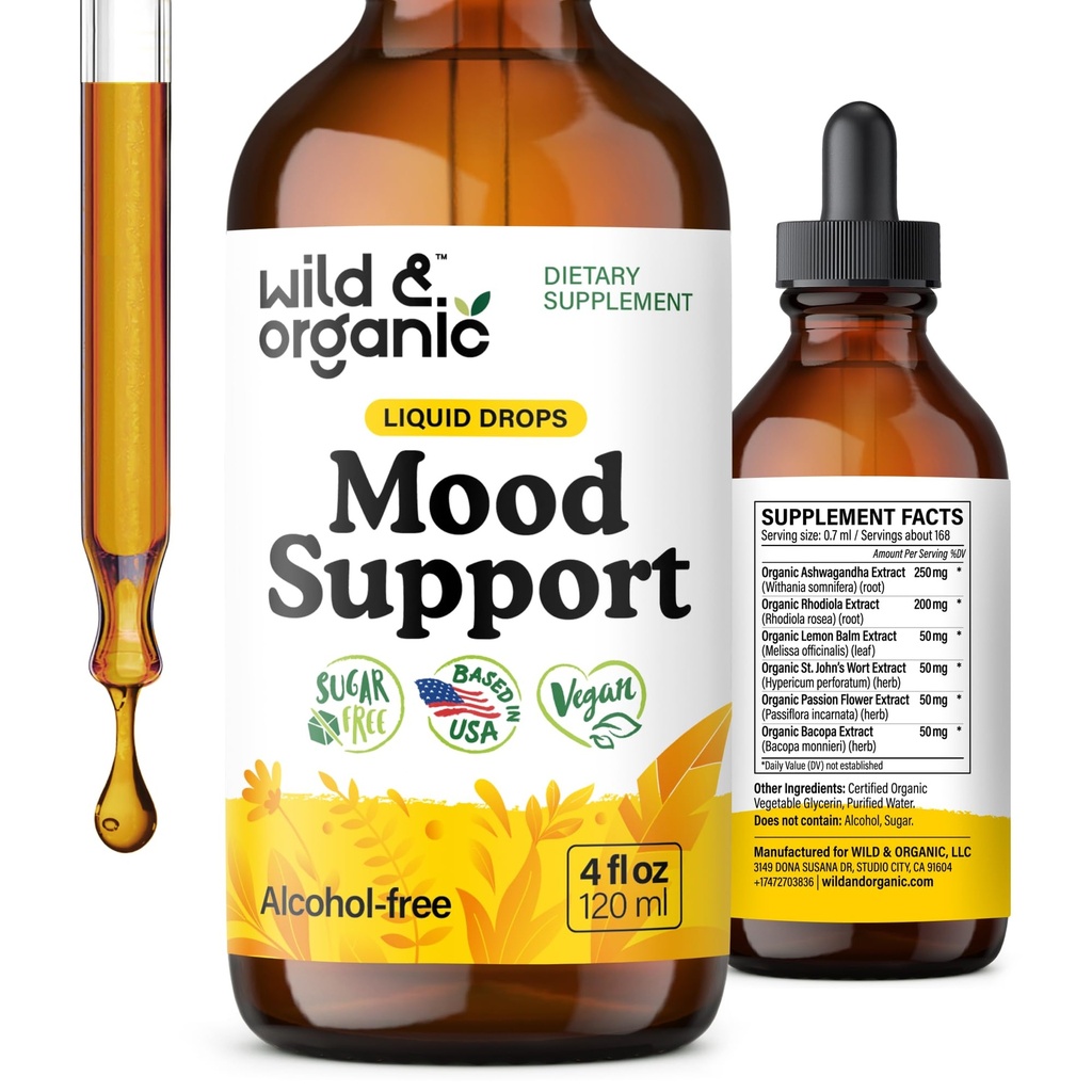 Wild & Organic Mood Support Papildinājums - Dabiskie šķidruma pilieni pozitīvai enerģijai - Calm Mind Papildinājums sievietēm un vīriešiem - Non-Alcohol Ashwagandha & Rhodiola Rosea Saknes Tincture par labu Mood - 4 oz