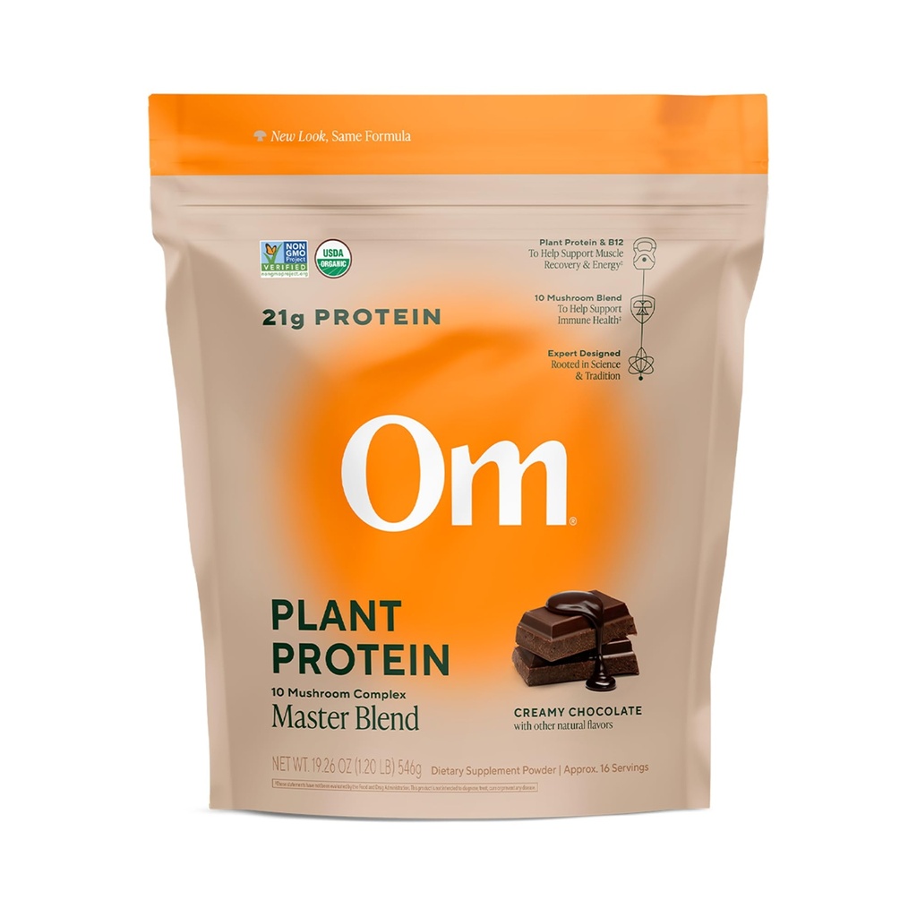 OM MUSHROOM SUPERFOOD Master Blend Vegan Protein – Organic Chocolate Plant Protein with 10 Mushrooms, Ashwagandha, BCAAS & B12 – Enerģija, Atveseļošanās un Imūnsupport – 1.2 Lb (16 Kalpo)