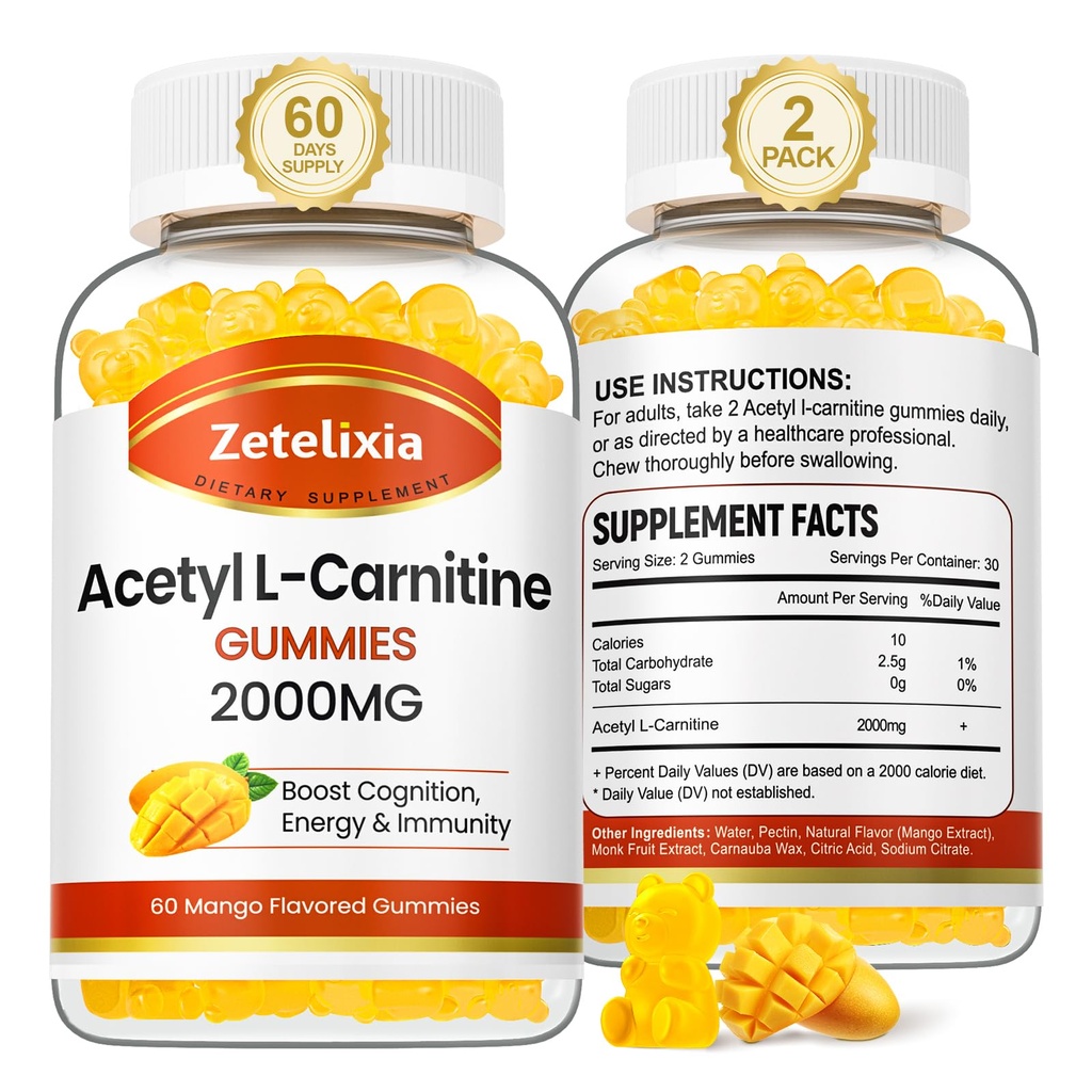 2 Iepakojums Acetyl L-karnitīns Gumies, L-karnitīns papildinājums sievietēm un vīriešiem, Uztura bagātinātāji Boost Energy, imunitāte un smadzeņu veselību, Vegan, Non-GMO, Mango Flavor, 120 Skaits