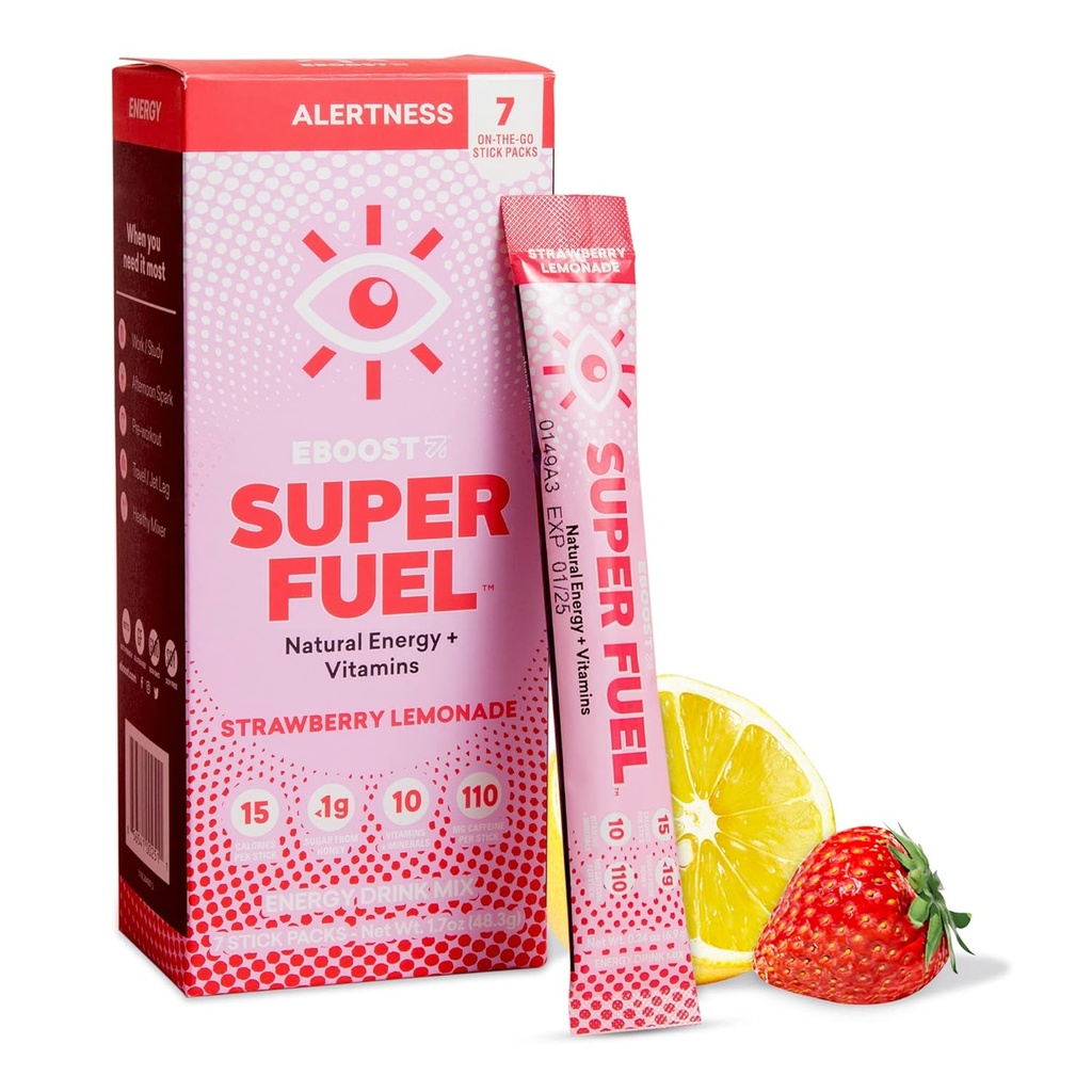 EBOOST Enerģijas Dzēriens Pulveris, Super Degviela - Zemeņu citronāde, 7 Paciņas - Pirms-Darba Pulveris Enerģijas Dzēriens Mix - Dabas enerģija, L-Tirozīns, L-Teanīns & Vitamīni - Priekšdarbi sievietēm un vīriešiem