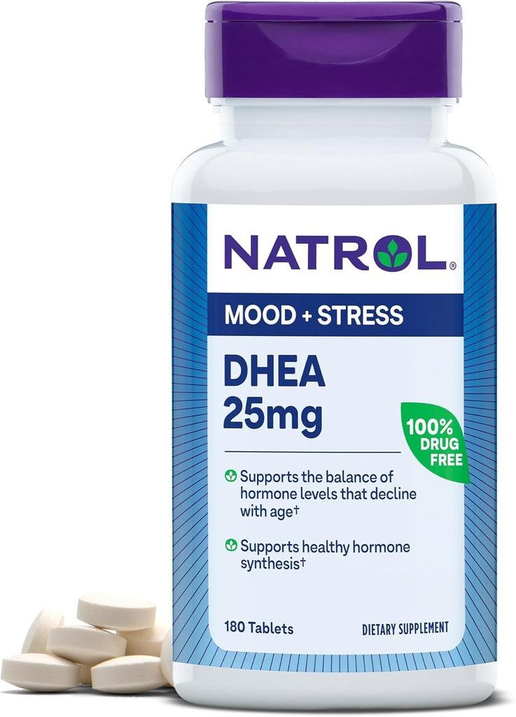 Natrol Mood & Stress DHEA 25mg ar kalciju, uztura bagātinātāju līdzsvara noteiktu hormonu līmeni un Mood atbalsts, 180 tabletes, 180 dienu piegādes