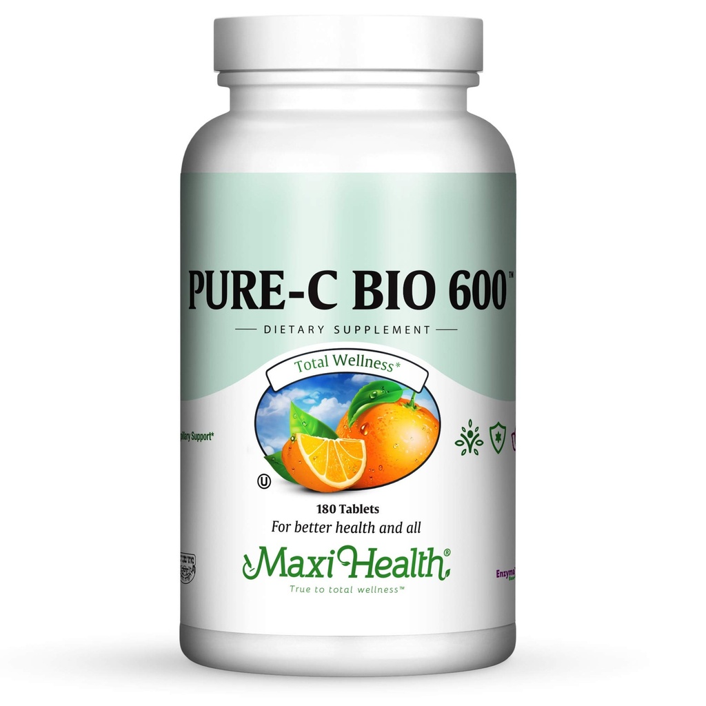 C vitamīna komplekss 600 mg papildinājums – ieteicamā dienas deva C vitamīna tabletes ar citronu bioflavonoīdiem, kalciju un fosforu – imūnās veselības atbalsts – Pure-C Bio 600 Ne-GMO, VIT C Vegan 180 tabletes