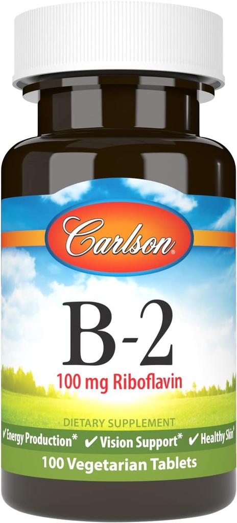 Carlson - B-2, 100 mg Riboflavin, enerģijas ražošana, redzes atbalsts un veselīga āda, 100 Veģetārās tabletes