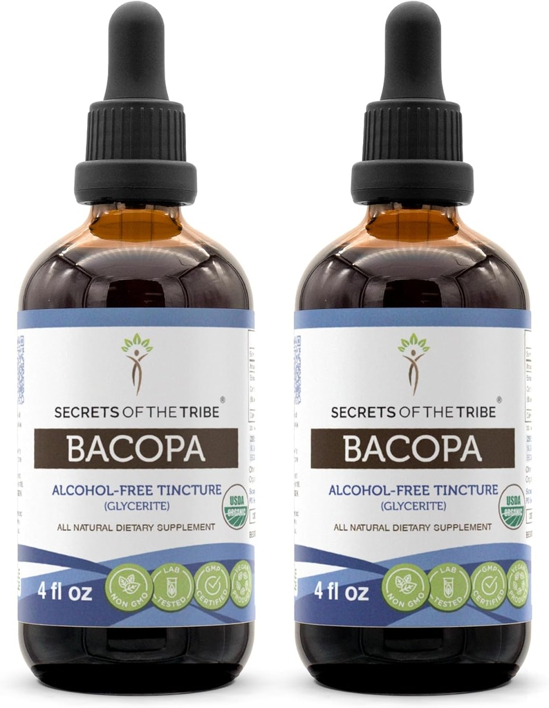 Bacopa USDA Organic  -- Alkohola-FREE ekstrakts, augstas devas augu pilieni, relaksācija, pozitīva kognitīvā iedarbība - Izgatavots no 100% Certified Organic Bacopa (Bacopa Monnieri) Kaltēts Herb 2x4 oz