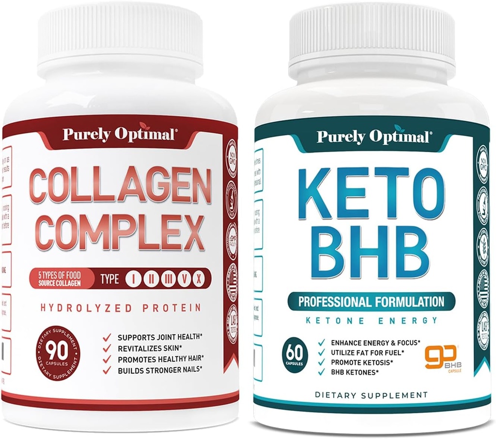Purely Optimal Premium Keto Diēta Tabletes Izmantot Taukus enerģijai ar ketozi + Premium Multi Collagen Peptides kapsulas (I, II, III, V, X tips)