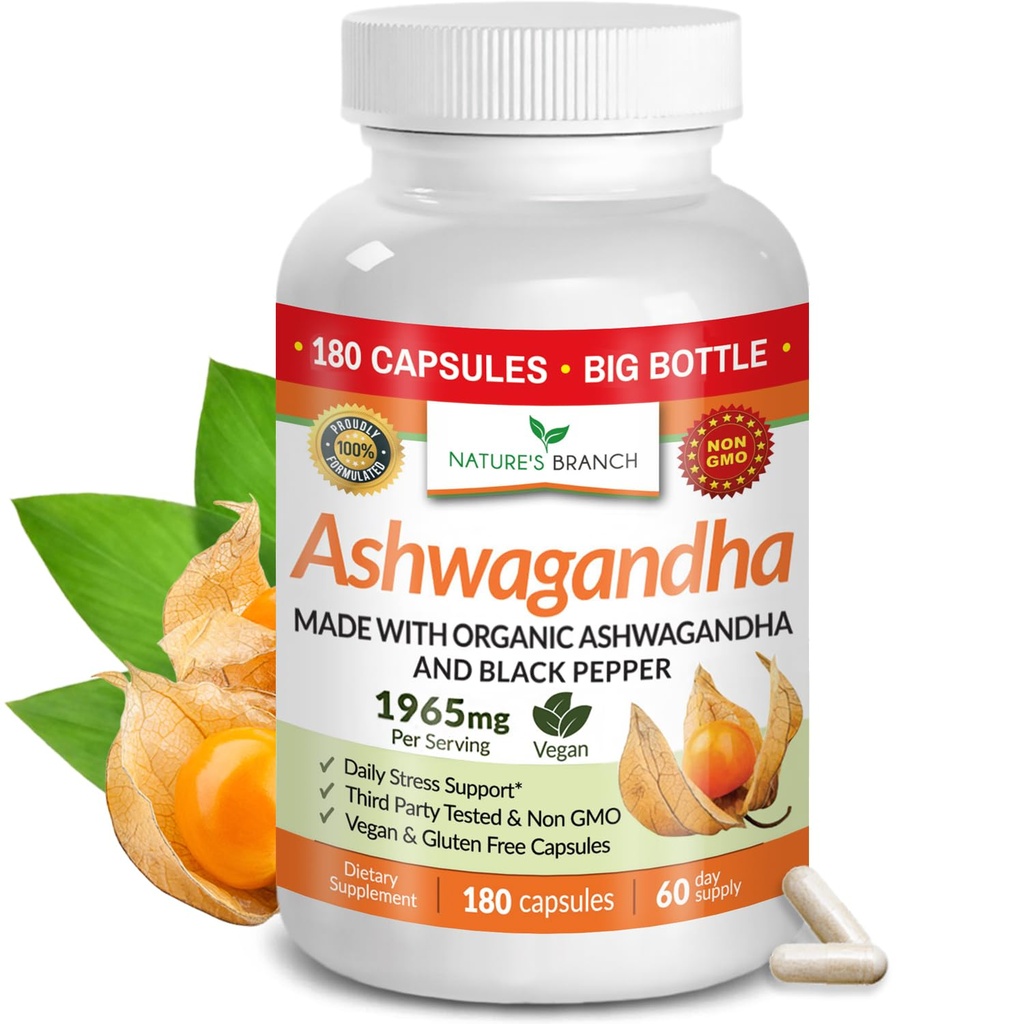 UDAF Pārbaudīts Organic Ashwagandha ar melnajiem pipariem - 180 kapsulas - 1965mg Extra Stress, Miega, Mood, Vairogdziedzeris, Focus, Matu, Vegan Pure Root Extract Pulveris - Vīriešu un sieviešu papildinājumi