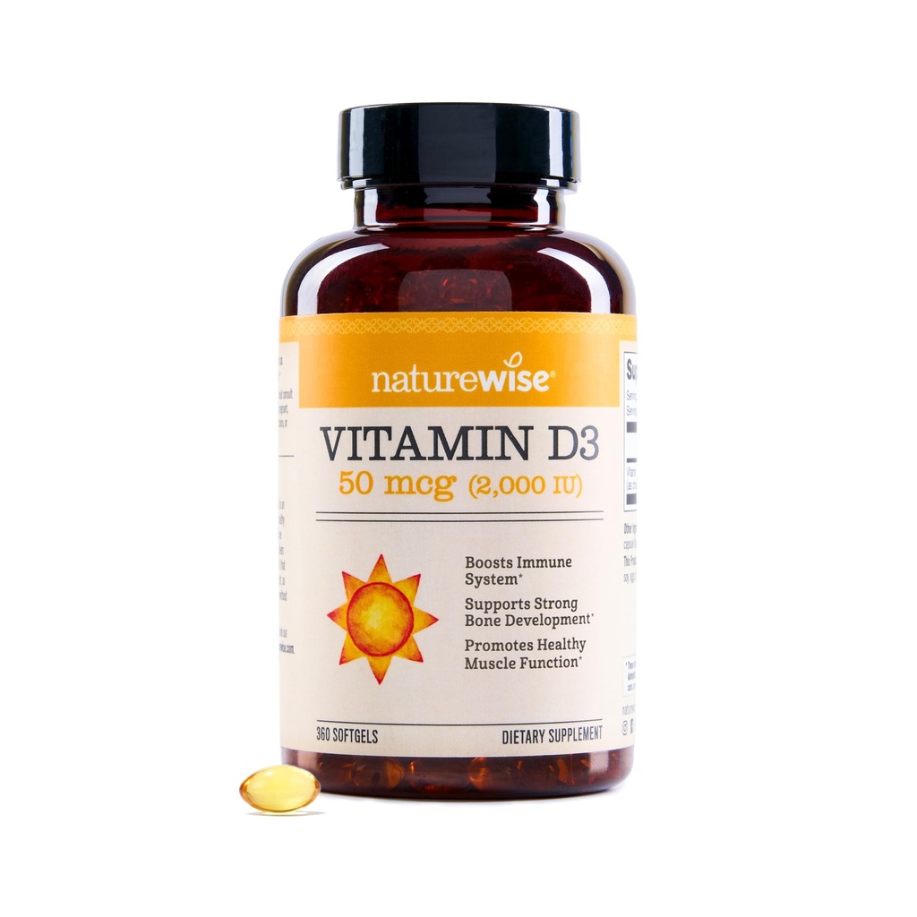 NatureWise D3 vitamīns 2000iu (50 μg) 1-gads Imūnsupporta, veselīga muskuļu funkcija un kaulu veselība - ne-GMO, bez lipekļa organiskā ekstra Virgin Olīveļļā, (Mini Softgel), 360 grādos