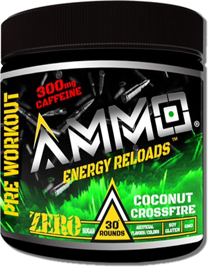 AMMO ® Energy ReloadsTM Pre Workout Pulveris - 300mg Kofeīns Zero Cukurs Vital Aminos un Elektrolīti Nav Mākslīgo Uzliesmojumu vai Krāsas (Coconut Crossfire)