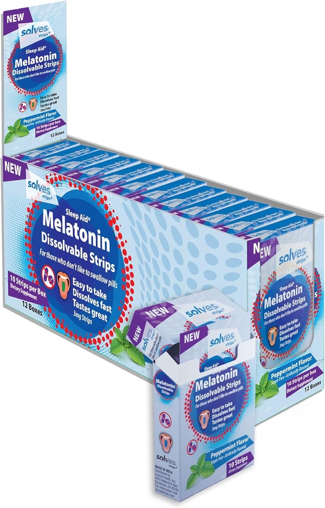 Atrisina miega palīglīdzekli - 3 mg melatonīna izšķīdina sloksnes, ātrs, dziļi un mierīgs miegs, piparmētru uzliesmotājs, pieaugušie, bez cukura/bez reibuma/nedrīkst ceļot (120 iepakojums)