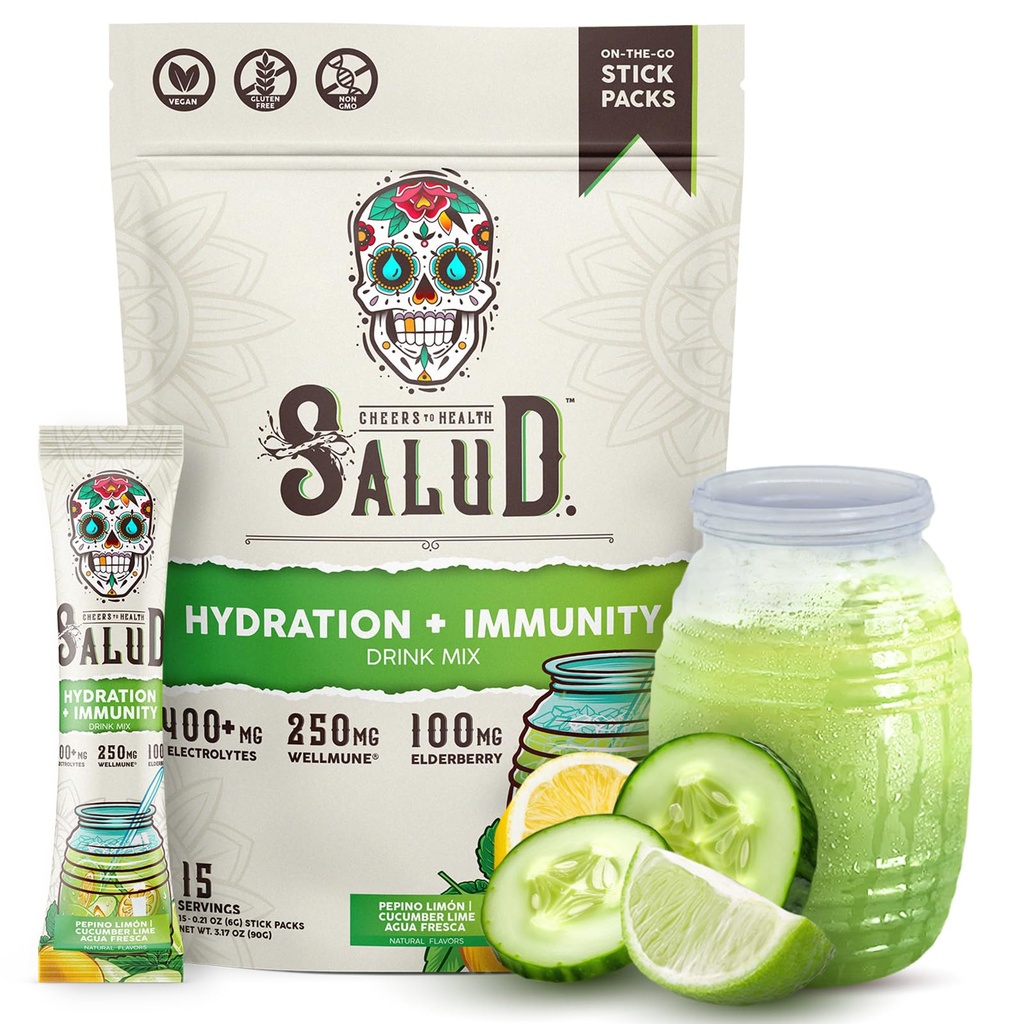 Salud 2-in-1 Hidratācijas paciņas + immunīcijas elektrolītu pulveris, zāģmateriālu laims - Agua Fresca dzēriens Mix, plūškoka ogas, bez piena un sojas, ne-GMO, bez glutēna, vegans, zems kaloriju saturs, 1g cukura (15 Kalpojumi)