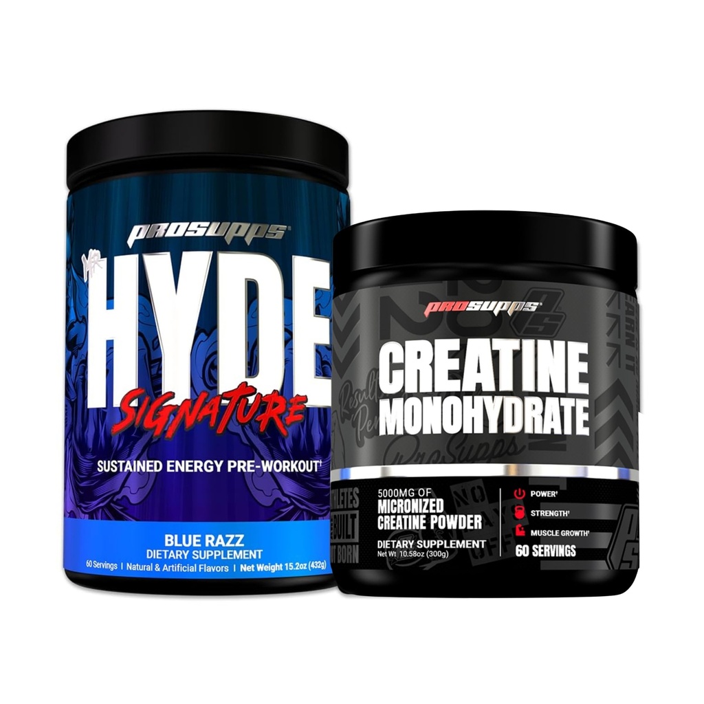 PROSUPPS Hyde Signature ilgstoša enerģijas pirmsdarbs, Blue Razz - 60 Servējumi, un kreatīnu 300 Bundle