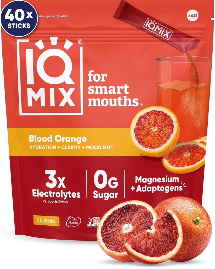 IQMIX hidratācija Elektrolītu pulveris – 4-in-1 Formula hidratācijai, garīgo skaidrību, garastāvoklis un reģenerācija – bezcukura dzērienu maisījums, Keto, magnija L-Treonate, Lion s Mane – 40 Count Blood Orange