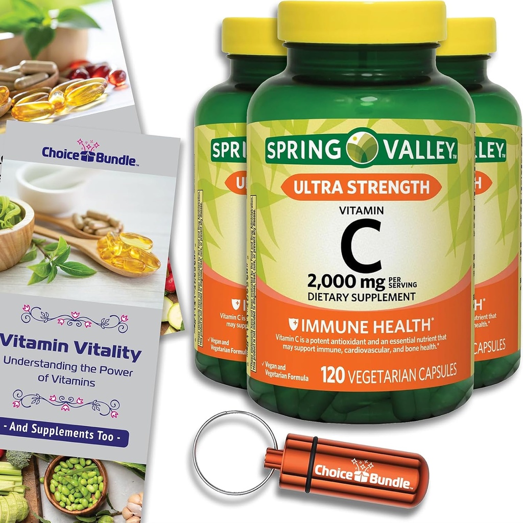 Izvēle Bundle Spring Valley Ultra spēks C vitamīns Kapsulas Diētiskā papildinājums 2000 mg 120 Ct 3 pk (360 Kopā) + Vitamīnu Guide & Pill Konteiners (5 Vienības)!