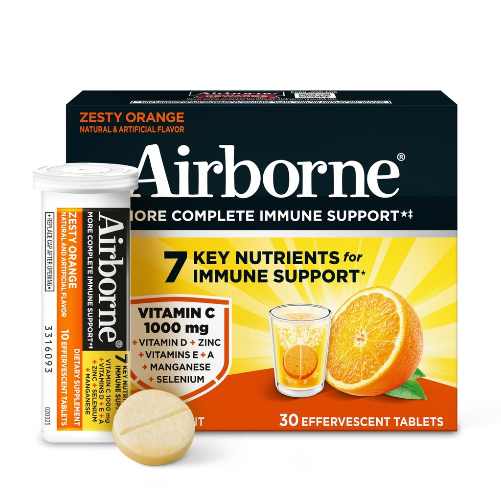 Airborne 1000mg C vitamīns + Cinka Cukurs bez multivitamīniem Imūnais atbalsts Putojošās ziežamās tabletes, Zesty Orange Flavor ar spēcīgiem antioksidantiem A C & E vitamīns, 30 tabletes