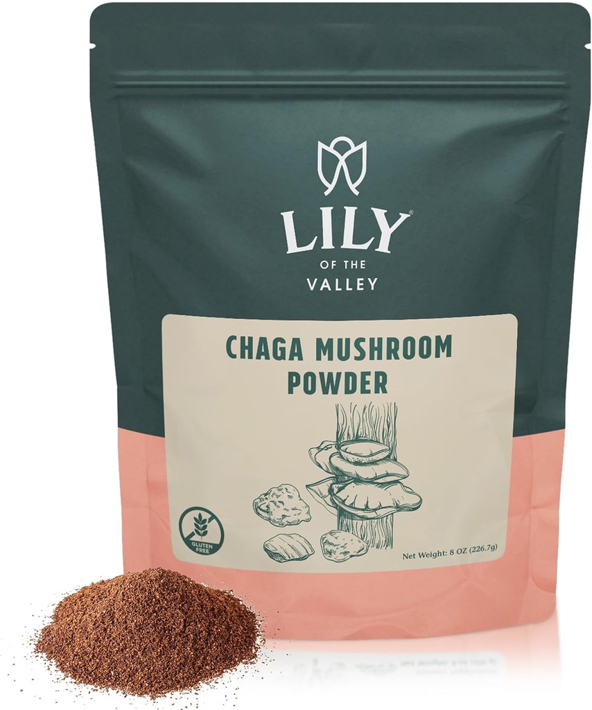 LILY of the VALLEY Chaga Sēņu pulveris - Chaga ekstrakts Superfood for Chaga Tea, Smoothies and Beverages - Keto Friendly - Vegan & Gluten-free - iepakots Reselable Pouch (16oz, 453g)