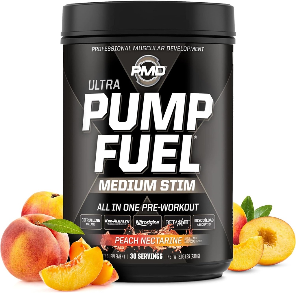 PMD Sporta sūknis Degviela Ultra Medium Stim - Premium Pirms treniņa Pulveris un muskuļu sūknis, Lielāks Focus, Izturība & Recovery, Premium Kreatīns, Arginīns un Beta Alanīns - Persiku Nektarīns (30 Kalpo)